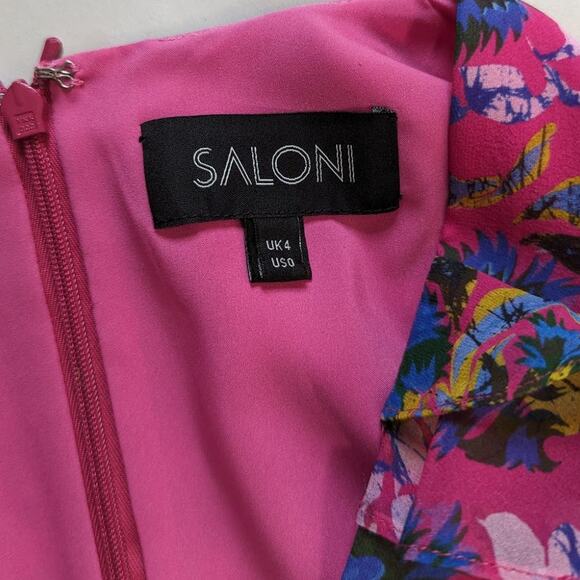 Saloni Edith Pink Floral V-Neck Midi Dress Silk Ruffle Size 0 Women's Preowned - Picture 7 of 15